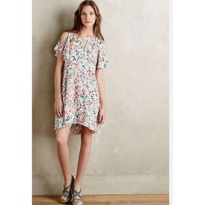 Anthropologie Maeve Dress M‎ Watercolor Dot Print Flutter Sleeve Cold Shoulder